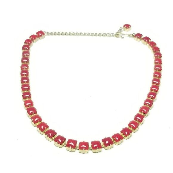 Vintage Bright Red Rhinestone Adjustable Length Necklace, Retro 70s Style - Picture 5 of 5